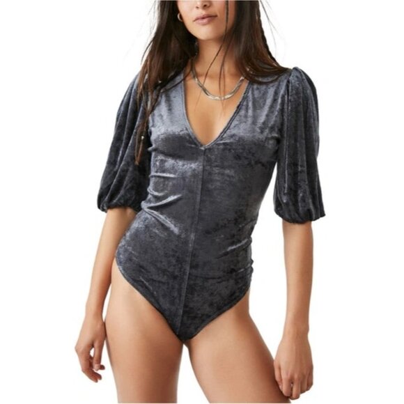 Free People Tops - Free People Don't You Wish Velvet Bodysuit Size XS V-neck Gray Blue New